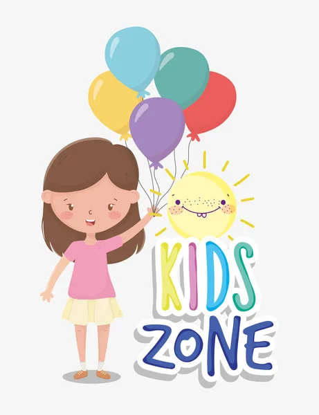 Zona infantil, chica pequeña linda sosteniendo globos de racimo dibujos animados sol. — Vector de stock