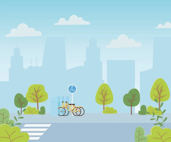 Αστική οικολογία στάθμευσης ποδήλατα μεταφορών σταυροδρόμι δρόμο αστικό τοπίο — Διανυσματικό Αρχείο