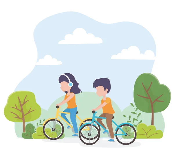 Junge Frau und Mann mit Fahrrädern im Park — Stockvektor