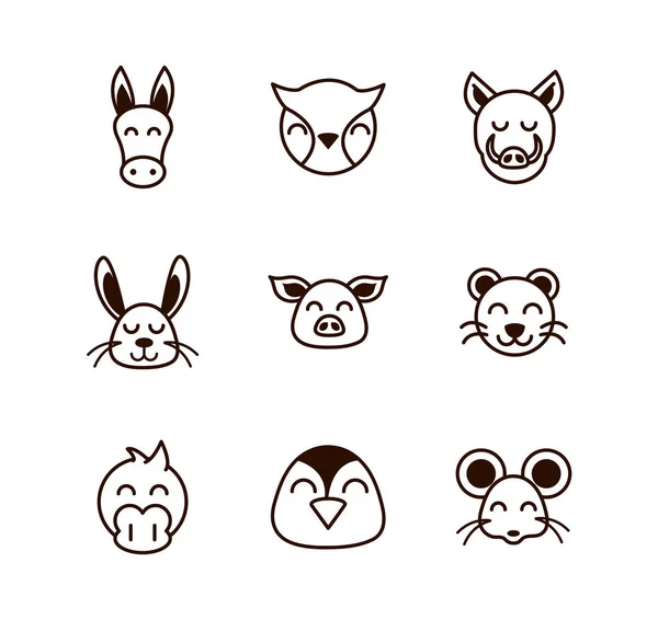 Cute face animals cartoon icons set thick line — 图库矢量图片