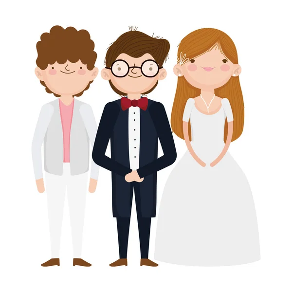 Wedding bride and grooms cartoon characters elegant suits — Vector de stock