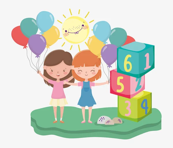 Kids zone, little girls with balloons party and blocks numbers — 스톡 벡터