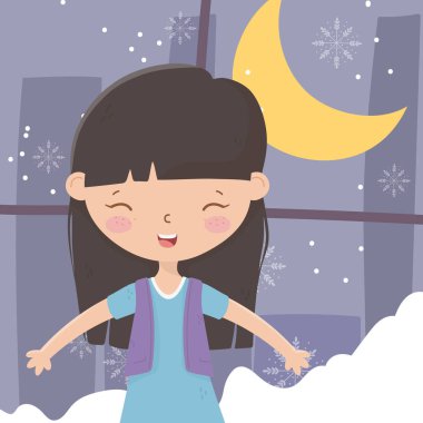smiling girl snow window night moon celebration merry christmas