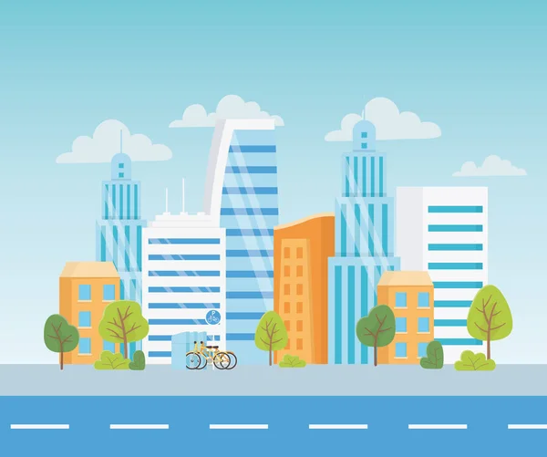 Urban ecology parking bicycles transport street city town trees — ストックベクタ
