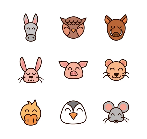 Cute face animals cartoon icons set — Stock vektor