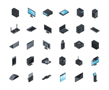 teknoloji donanım aygıtı bilgisayar simgeleri izometrik ayarlandı
