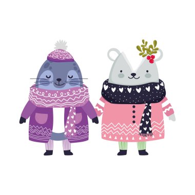 merry christmas celebration cute monk seal and bear with hat and sweater