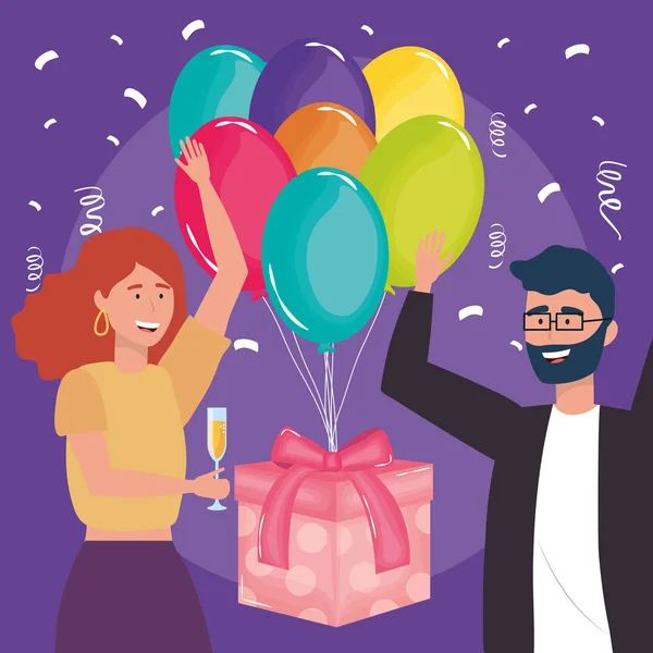 Happy birthday, copule with gift balloons drink and confetti celebration party event decoration — Stockový vektor
