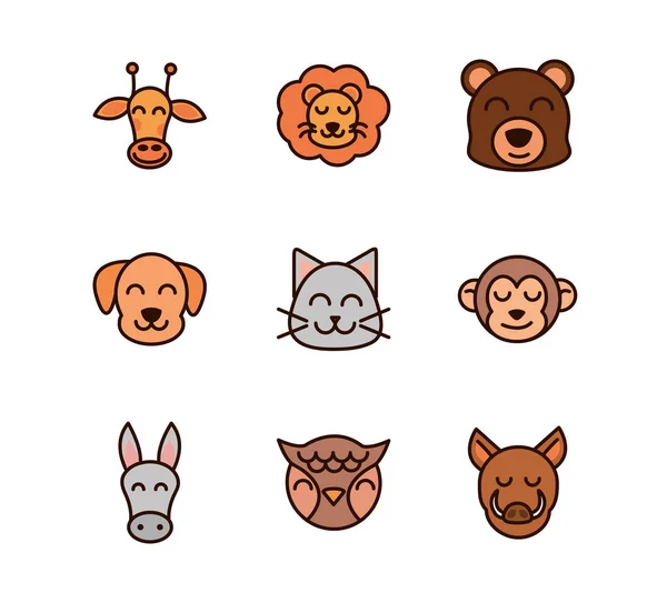 Cute face animals cartoon icons set — 图库矢量图片