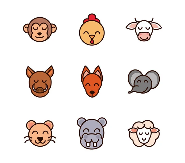 Cute face animals cartoon icons set — Archivo Imágenes Vectoriales