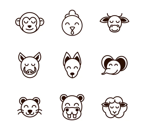 Cute face animals cartoon icons set thick line — 图库矢量图片