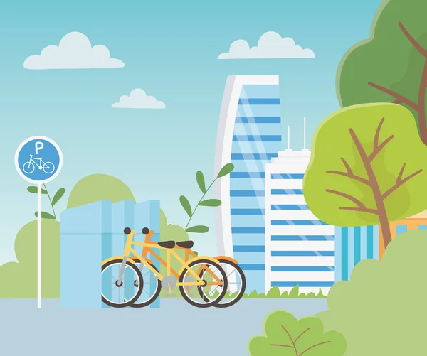 Urban ecology parking bicycles transport buildings town trees natural — Stockvektor