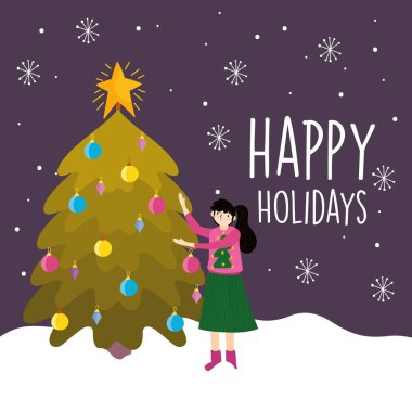merry christmas woman with ugly sweater tree balls snow celebration