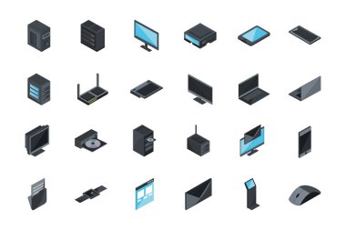 teknoloji donanım aygıtı bilgisayar simgeleri izometrik ayarlandı