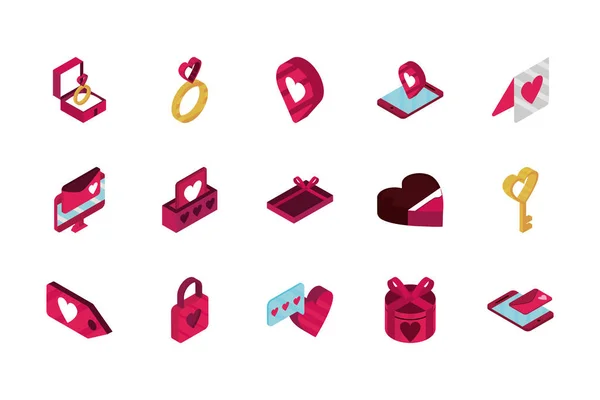 Happy valentines day isometric icons collection — стоковый вектор