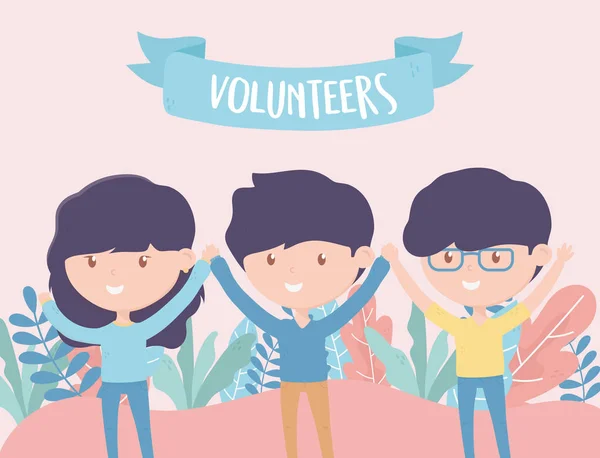 Volunteering, help charity young people volunteers hands up — Vector de stock