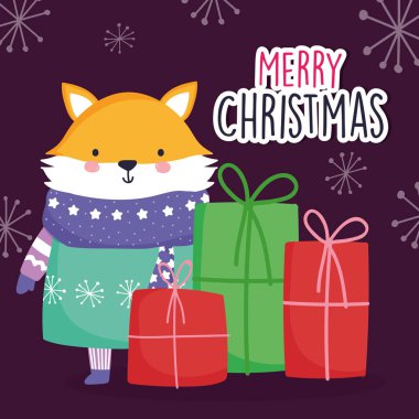 merry christmas celebration cute fox wearing scarf and sweater gift boxes