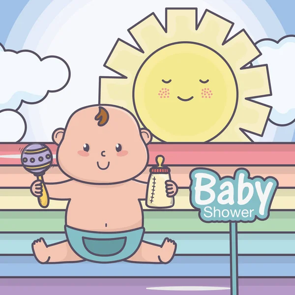 Baby shower little boy with bottle and rattle rainbow sun — Vetor de Stock