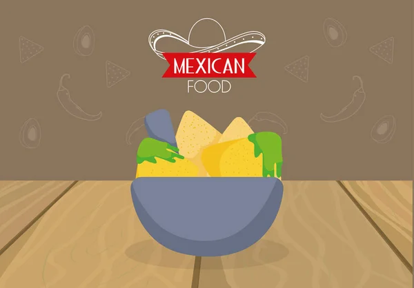 Nachos guacamole in mortar mexican food, traditional celebration design — Vector de stock