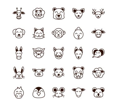 cute face animals cartoon icons set thick line