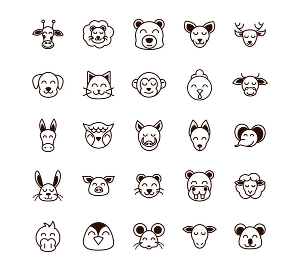 Cute face animals cartoon icons set thick line — Stock vektor