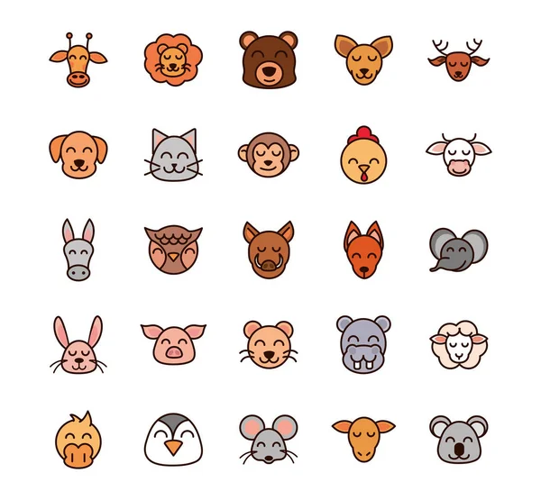 Cute face animals cartoon icons set — 图库矢量图片