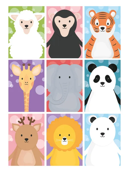 Cute animals sheep giraffe tiger lion deer bear elephant and panda —  Vetores de Stock