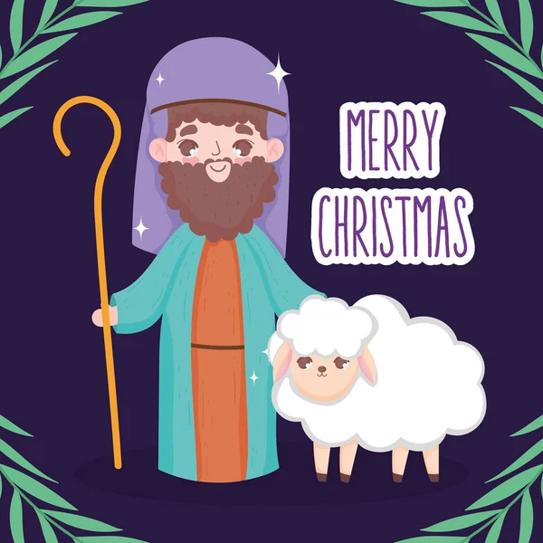 Joseph and sheep manger nativity, merry christmas — Vector de stock