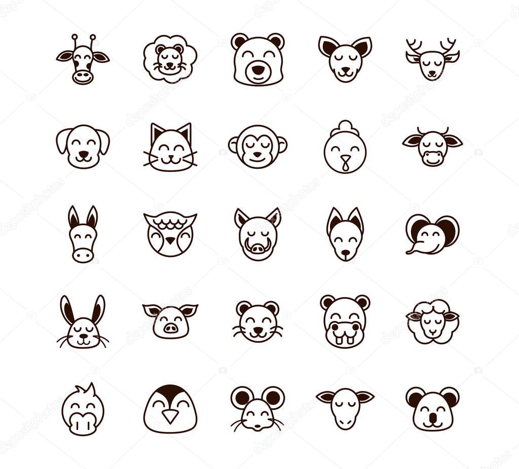 cute face animals cartoon icons set thick line