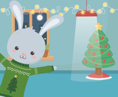 merry christmas celebration cute rabbit glowing lights lamp tree decoration