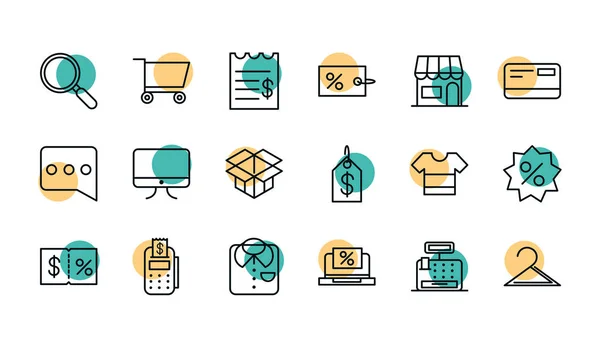 Shopping commercial icons set line style dot color — Vector de stock