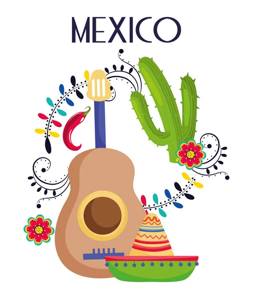 Guitar hat cactus flowers mexico traditional event decoration card — Stockový vektor