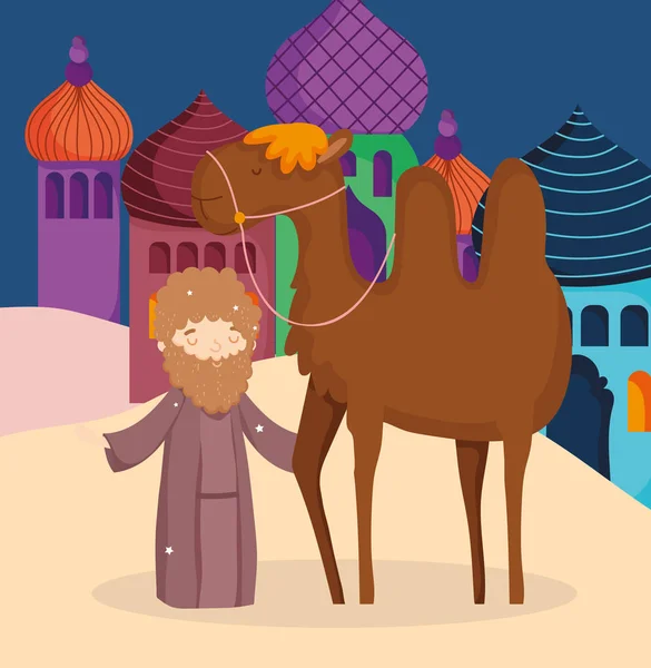 Shepherd with camel desert manger nativity, merry christmas — Image vectorielle