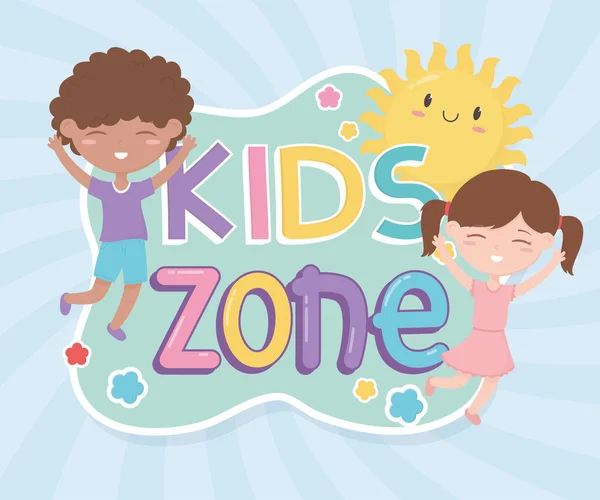 Kids zone, happy little boy and girl sun cartoon —  Vetores de Stock