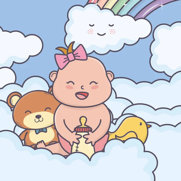 Baby shower little girl bear duck in clouds — Wektor stockowy