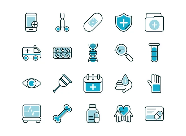 Equipamentos de saúde ícones médicos definir linha de preenchimento —  Vetores de Stock