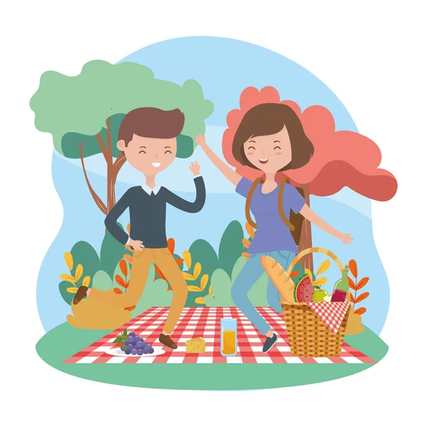 Happy man and woman food picnic blanket nature landscape — Vetor de Stock