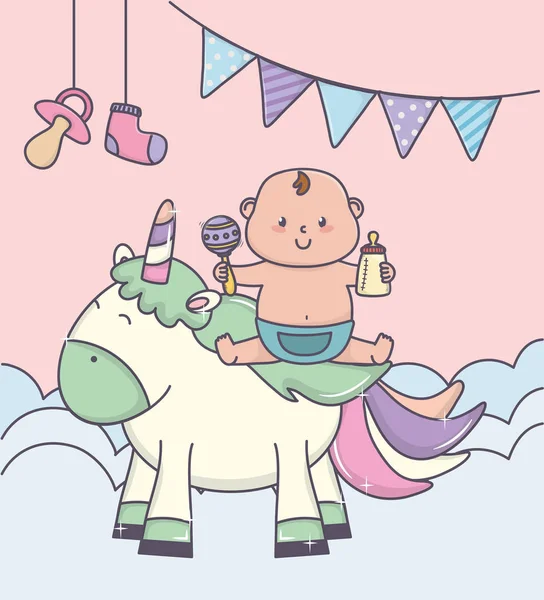 Baby shower cute boy with diaper unicorn and toys — ストックベクタ