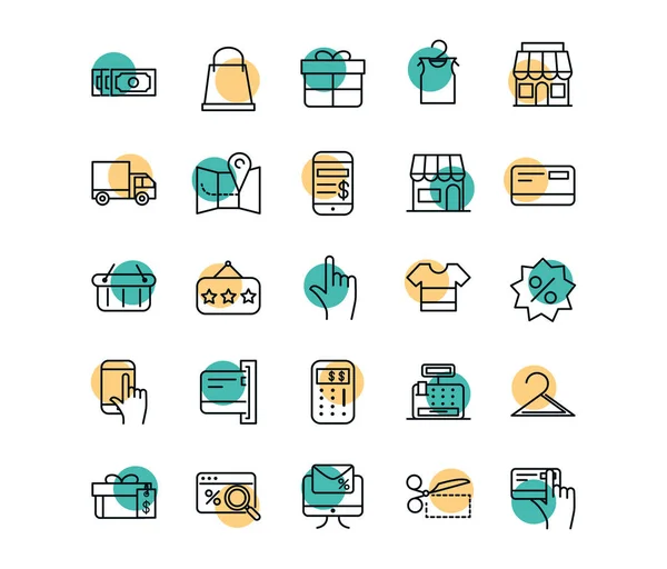 Shopping commercial icons set line style dot color — Vector de stock