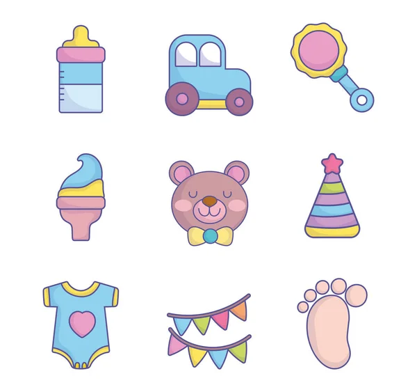 Baba zuhany ruhák játékok kiegészítők ikonok gyűjtemény — Stock Vector