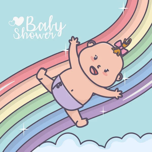 Baby shower happy little girl falling on rainbow — Stock Vector