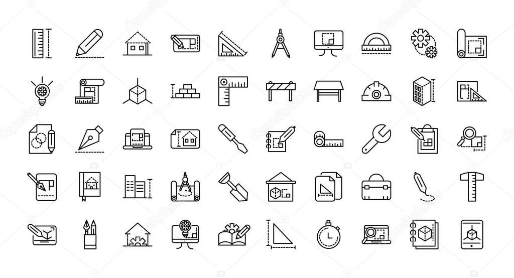 architecture construction tools icons set line