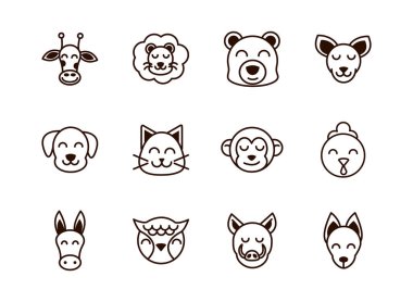 cute face animals cartoon icons set thick line