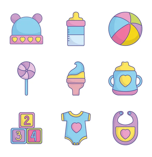 Colección de iconos de accesorios para juguetes de ducha para bebés — Vector de stock