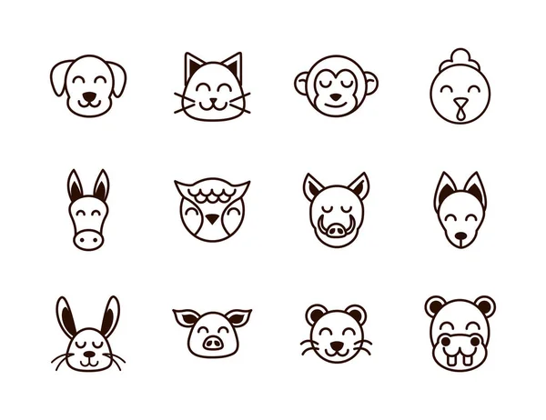 Cute face animals cartoon icons set thick line — 图库矢量图片