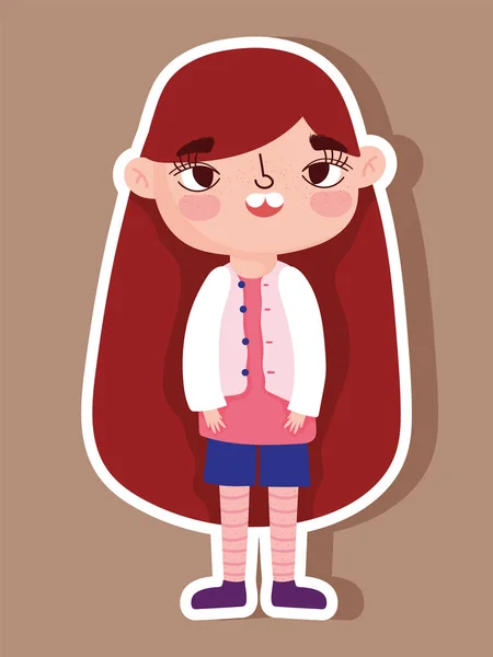 Cartoon character animation little girl long hair sticker style — 스톡 벡터