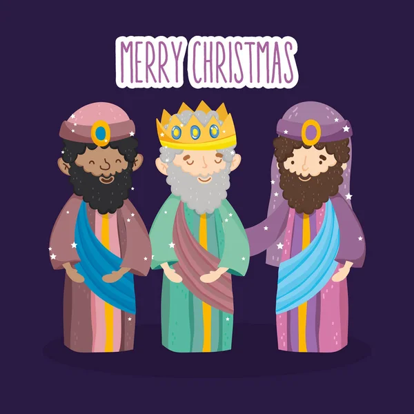 Three wise kings characters manger nativity, merry christmas — Vector de stock