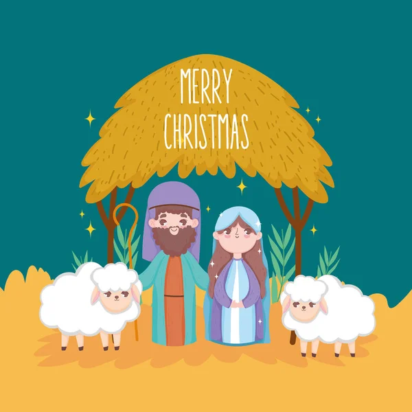 Mary joseph with sheeps hut manger nativity, merry christmas — Vector de stock