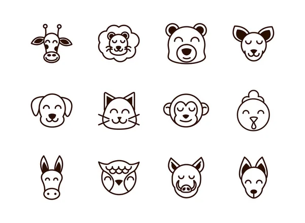 Cute face animals cartoon icons set thick line — Stok Vektör