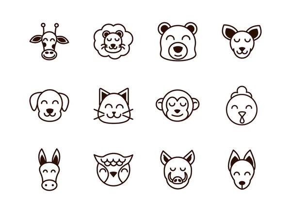 Cute face animals cartoon icons set thick line — 图库矢量图片